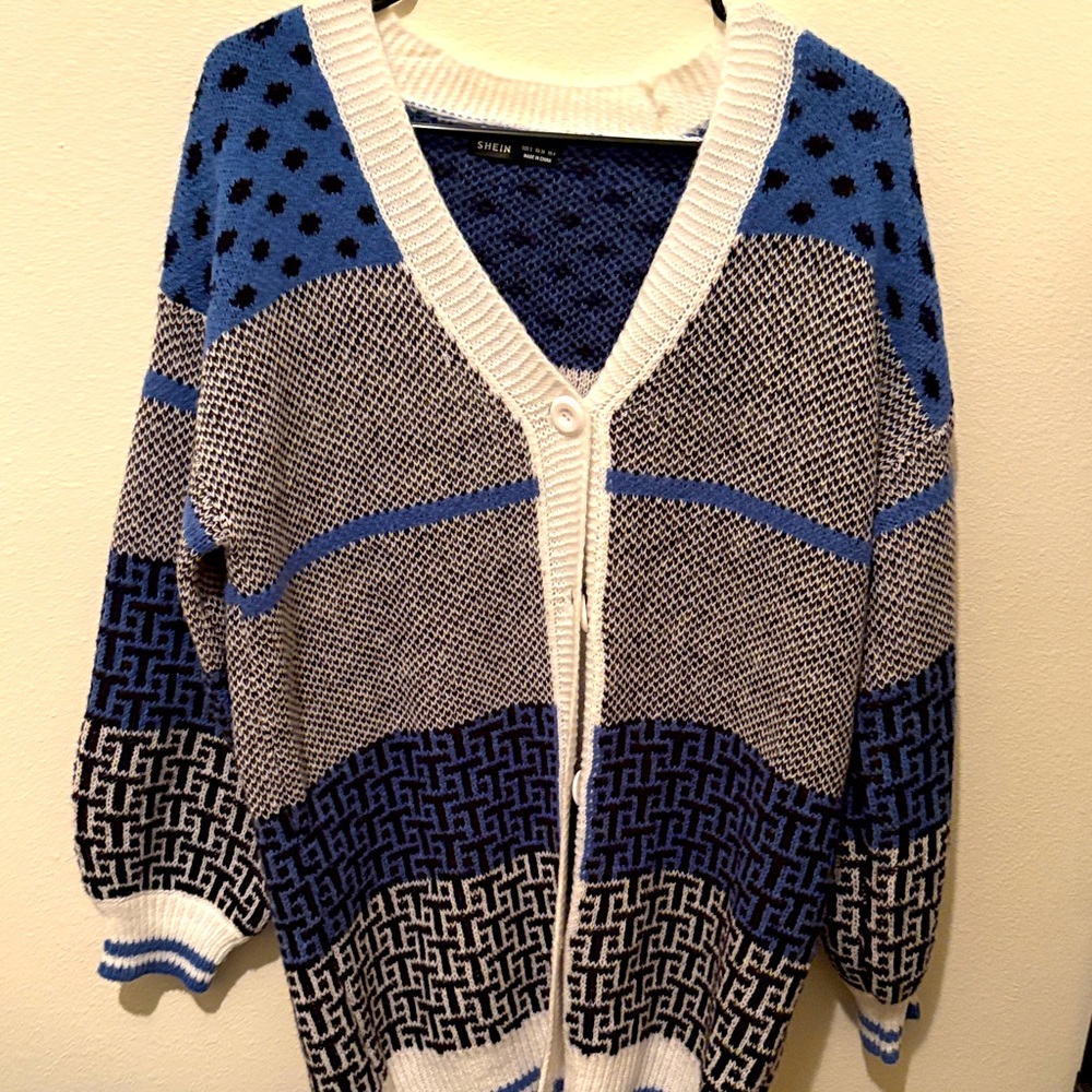 SHEIN Blue and White Geometric Cardigan